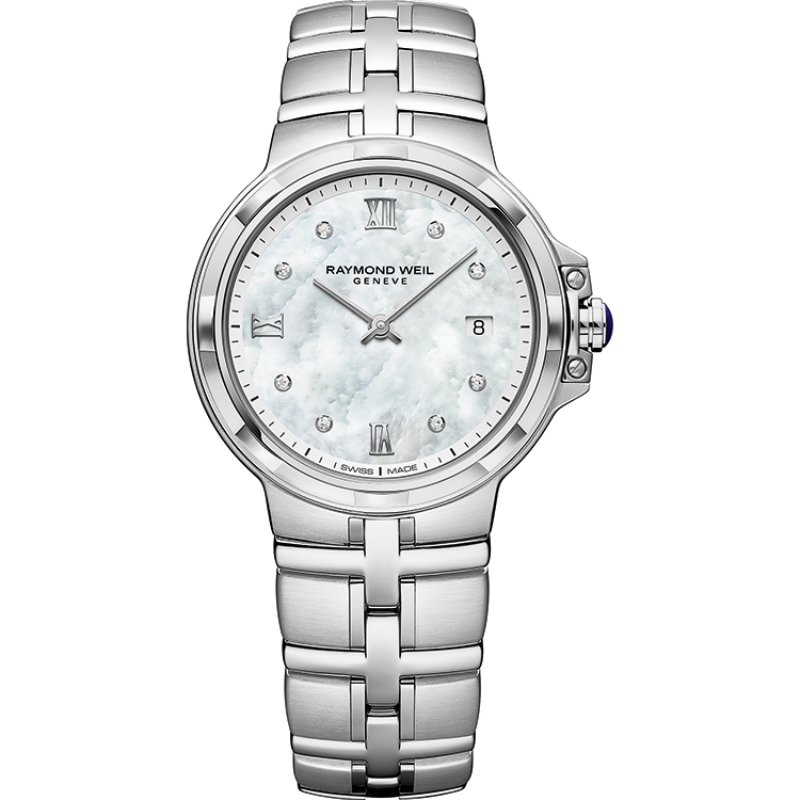 Raymond Weil Parsifal Ladies Mother-of-Pearl Quartz Watch (5180-ST-00995)
30 mm, stainless steel bracelet, white mother-of-pearl dial, silver Roman numerals, 8 diamonds