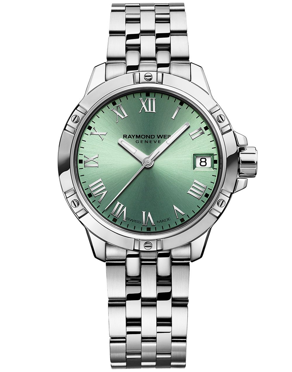 Raymond Weil ango Classic Ladies Quartz Green Dial Steel Date Watch, 30mm (5960-ST-00520)
Stainless steel bracelet, Green dial, Roman numerals
