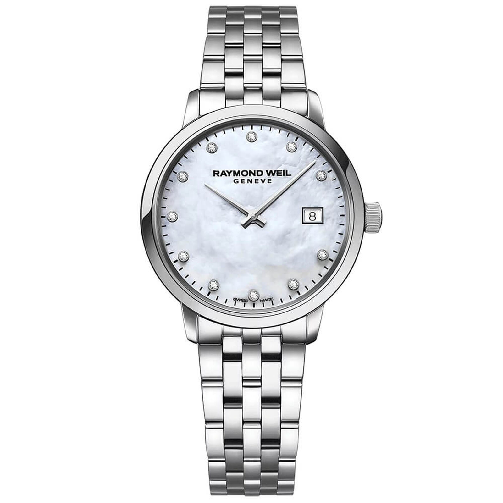Raymond WeilToccata Ladies White Mother-of-Pearl Diamond Quartz Watch (5985-ST-97081)
29 mm, stainless steel, white mother-of-pearl dial, 11 diamonds