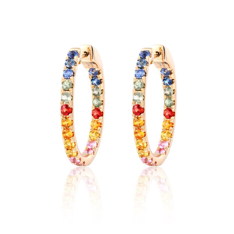 14 Karat Yellow Gold Inside/Outside Oval Large Hoops With 42=3.27CT Mulit-Color Round Sapphires