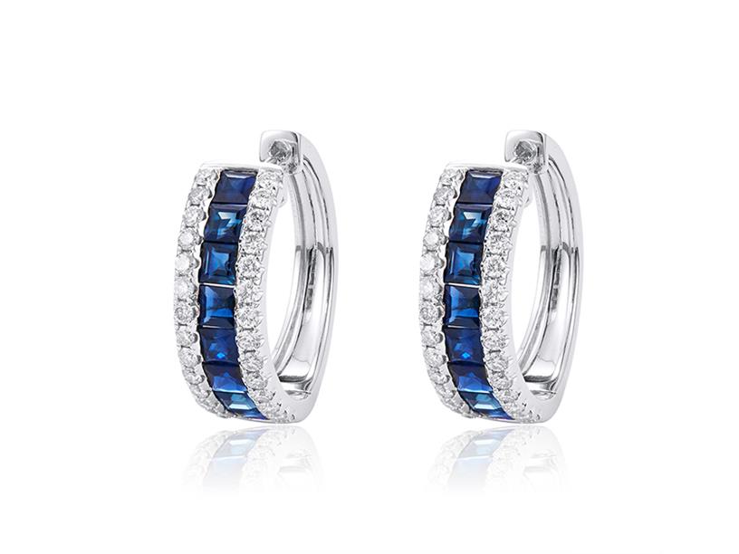 14 Karat White Gold Medium Hoop Earrings With 16=4.01 cts Square Cut Sapphire Gemstone And Round Diamonds 1.27 ct