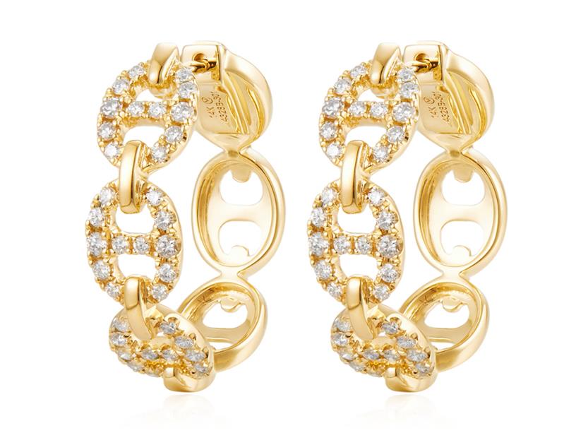 14 Karat Yellow Gold Gucci Link Medium Hoop Earrings With 0.63Tw Round Diamonds