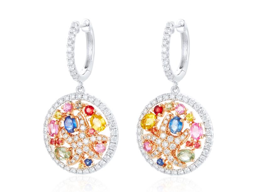 14 Karat White & Rose Gold Hoop With Starfish Dangle Earrings With 2.65ct Various Shapes Sapphires And Round Diamonds