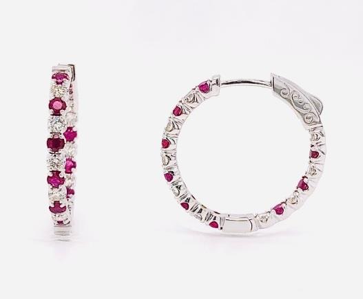 14 Karat White Gold Small Inside/Outside Hoop Earrings With 18=1.10CT Round Ruby Gemstones And 18= Round Diamonds