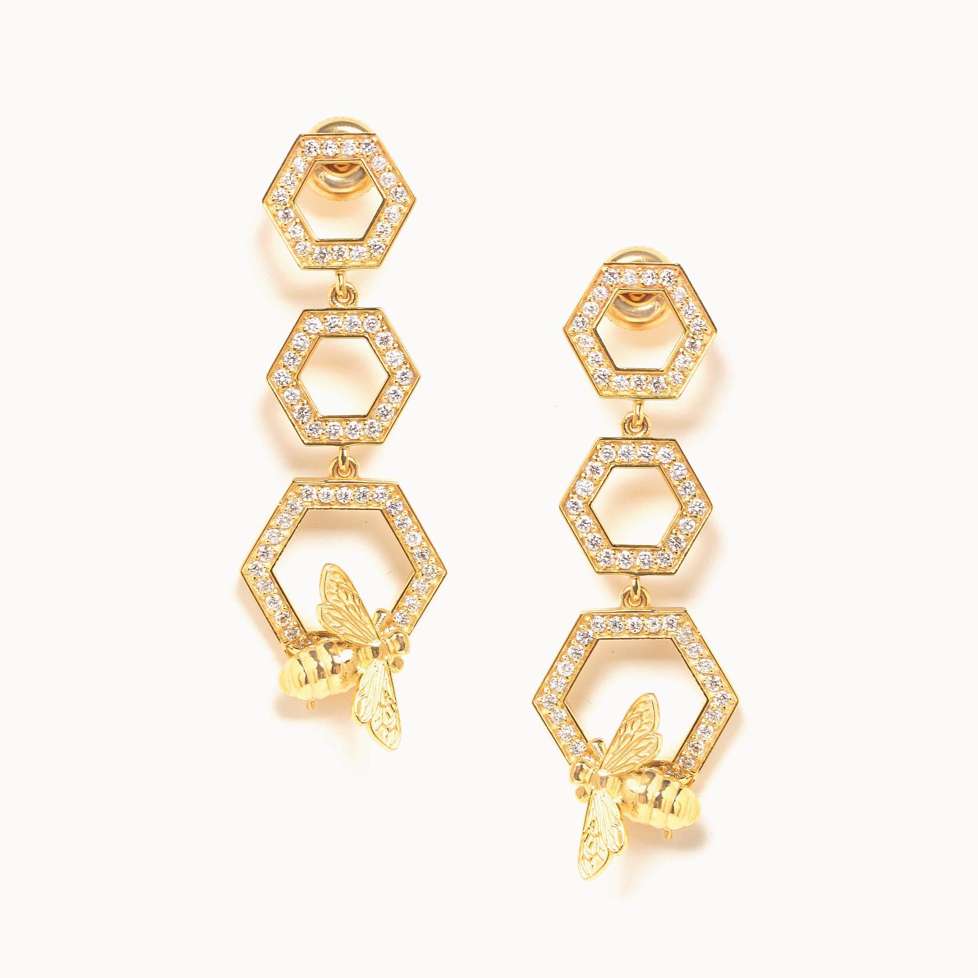 Jason Of Beverly Hills 14 Karart Yellow Gold Honeycomb And Bee Diamond Earrings 1.05 Cts