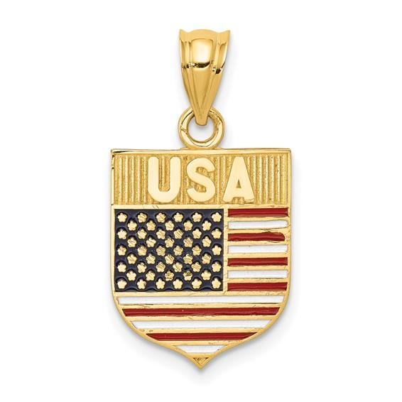 14 Karat Yellow Gold USA Flag Shield Pendant