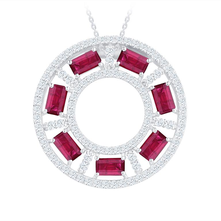 14 Karat White Gold  Circle Pendant With 7=1.66CT Emerald Cut Ruby Gemstones And 0.90CT Round H/I Si1-2 Diamonds 
Length: 18