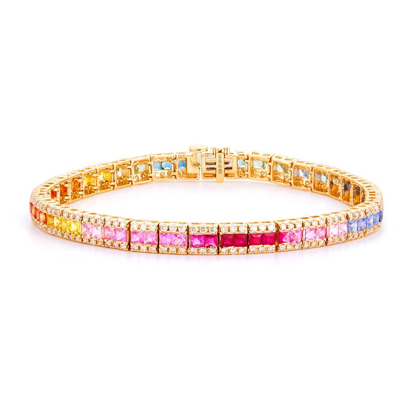 14 Karat Yellow Gold  Multi-Color Sapphire Tennis Bracelet With 7.08CT Princess Sapphires And 1.98CT Round  Diamonds 
Length: 7.5